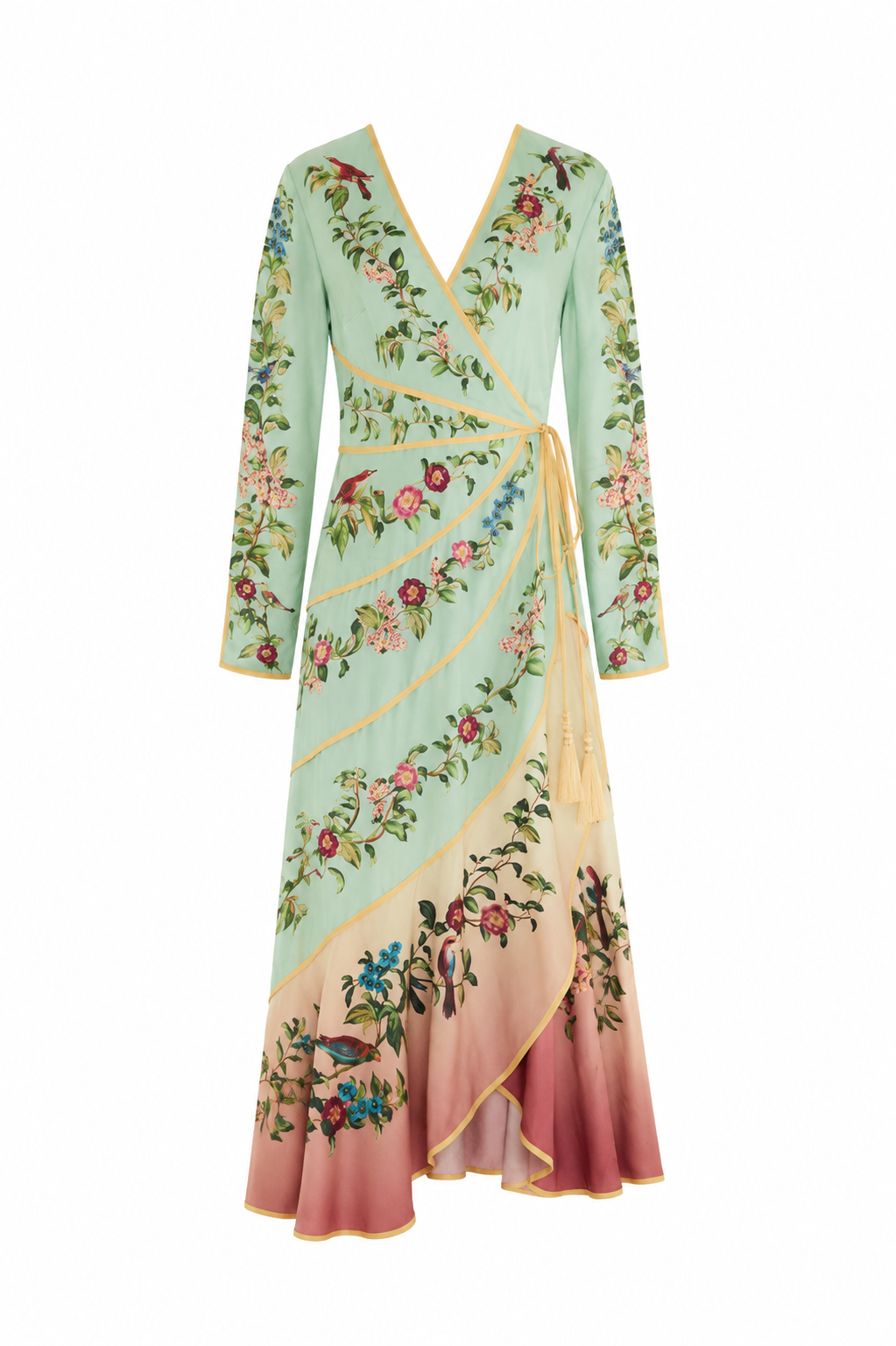 Birds Tree Green Mix Maxi Long Sleeve Dress