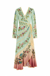 Birds Tree Green Mix Maxi Long Sleeve Dress