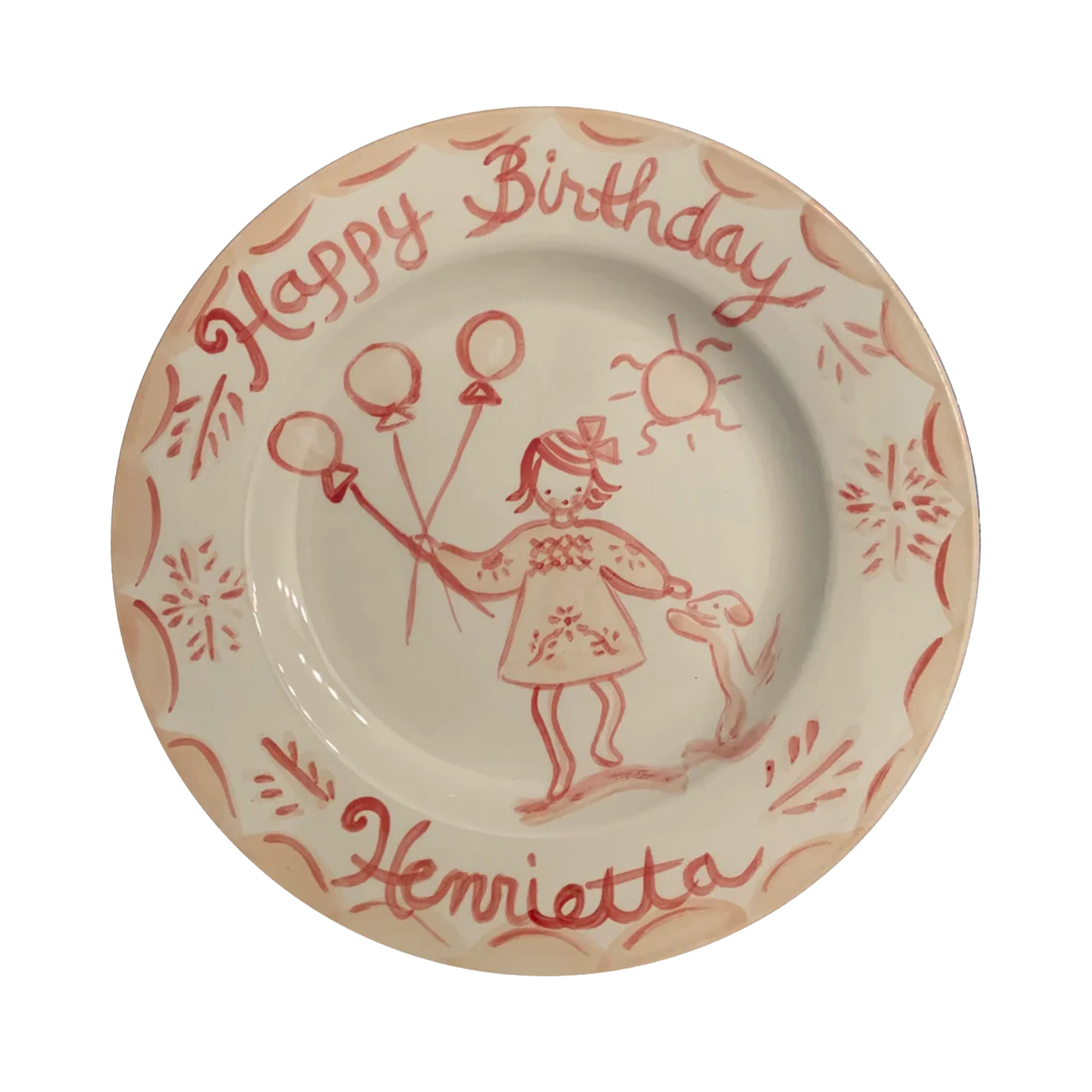 Birthday Plate Girl with Balloons and Dog in Pinks and Reds