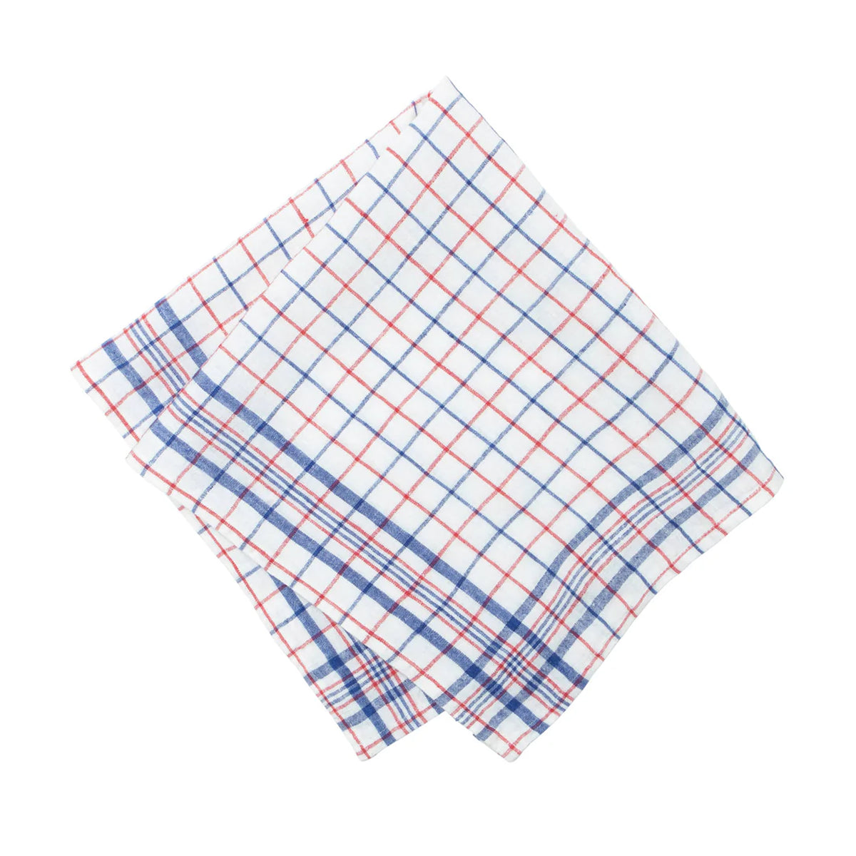 Top view of Bistro Napkin in Blue & Red, Set of 4 showcasing red and blue checked grid and striped border on white background