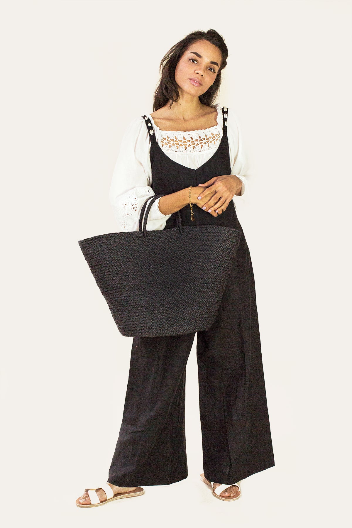 Braided Raffia Tote Black