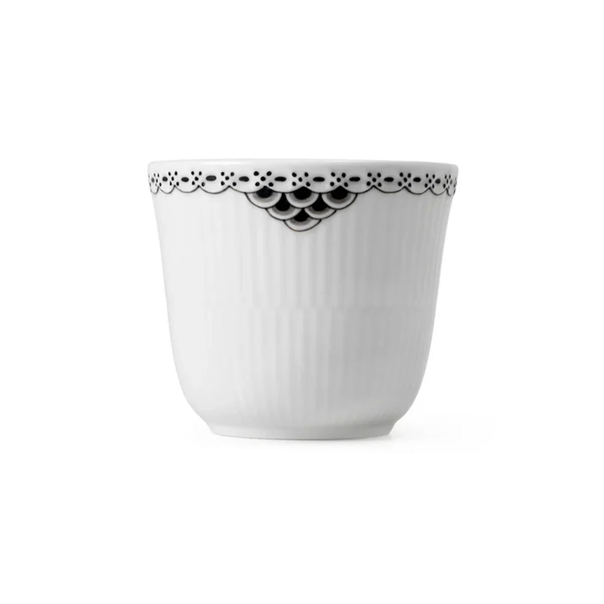 Front view of Black Lace thermal mug showcasing its black lace border and white fluted porcelain with a white background