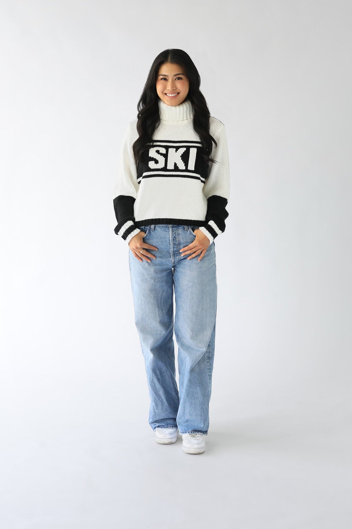 Cropped Vintage Ski Turtleneck Sweater in Ivory Black