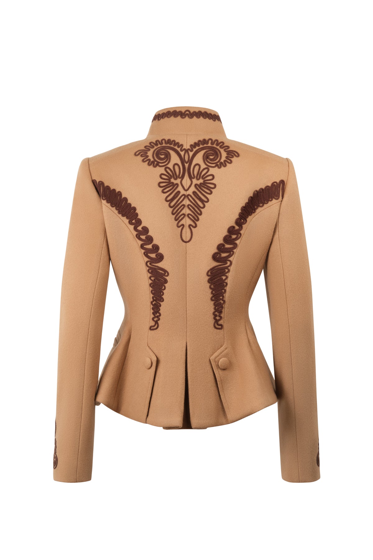 Back view of Blaire Marron jacket in beige showcasing brown silk hand embroidery and tailored structured fit with white background