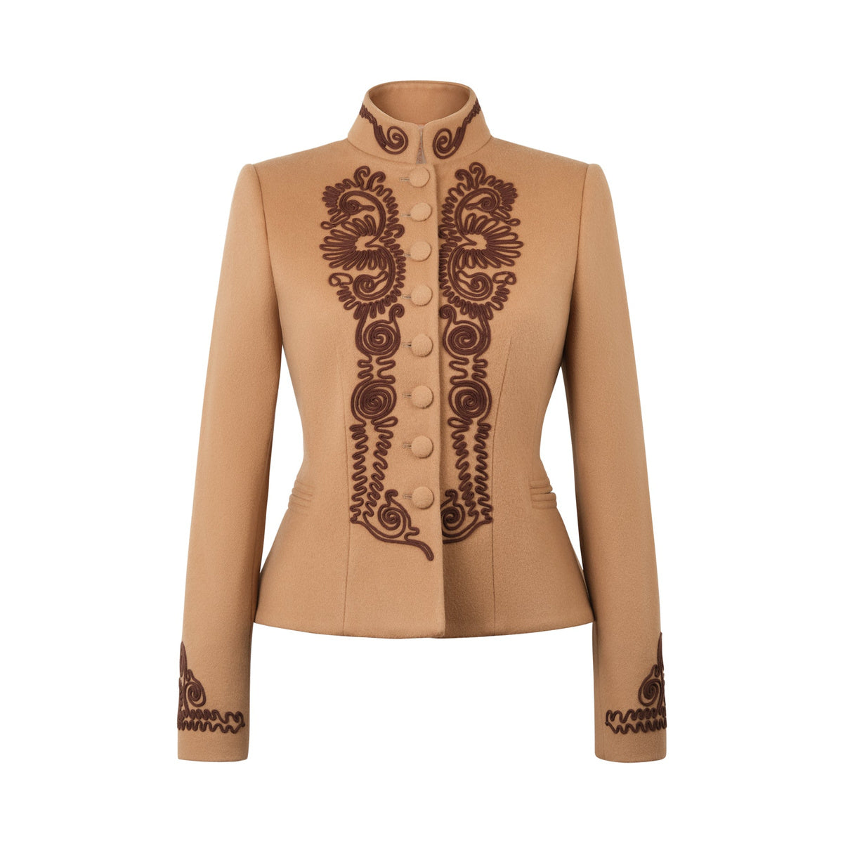Front view of the Blaire Marron beige jacket showcasing brown silk hand embroidery and brass buttons against a white background