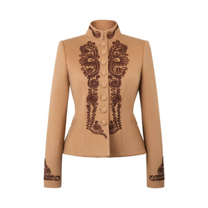 Front view of the Blaire Marron beige jacket showcasing brown silk hand embroidery and brass buttons against a white background