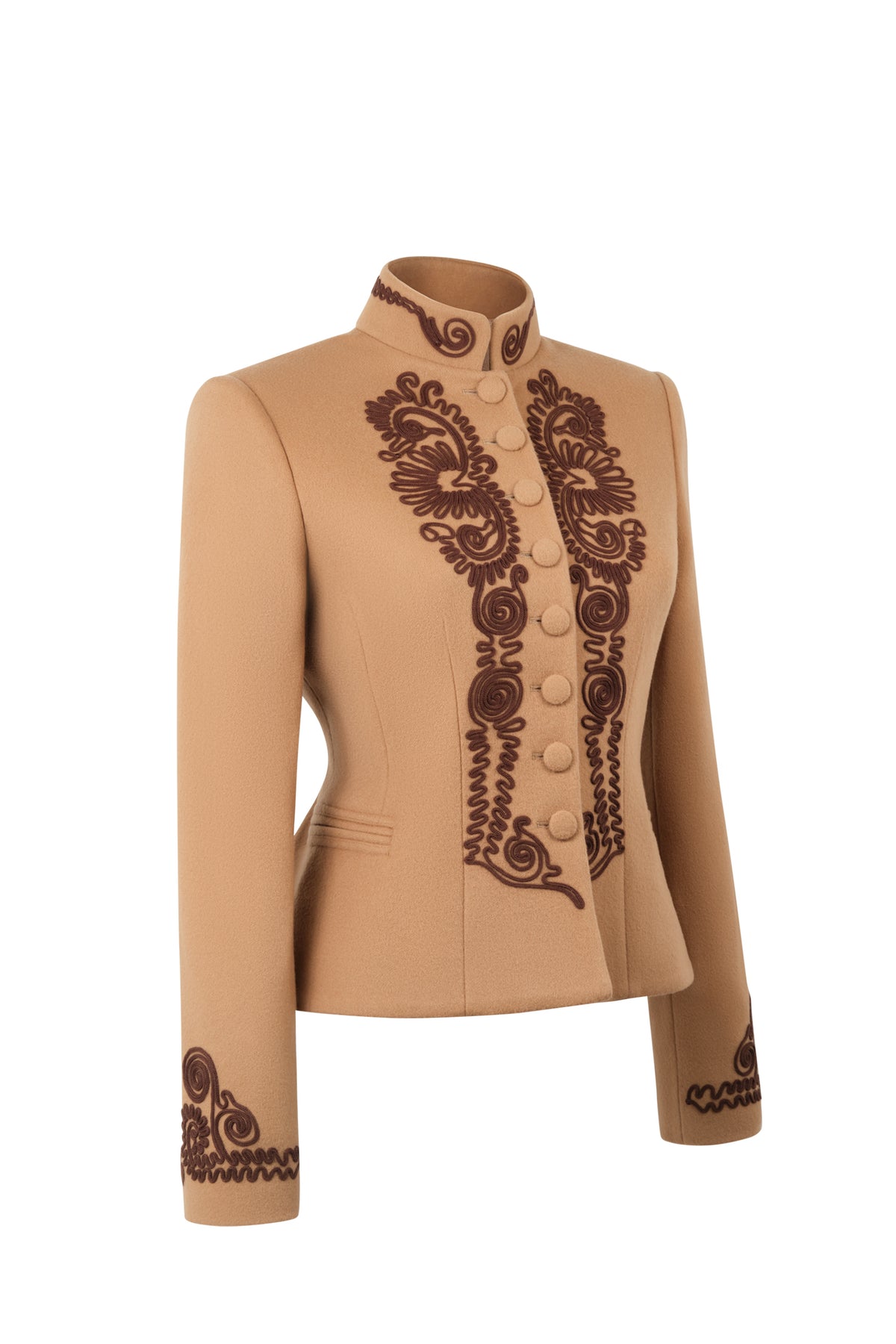 Three-quarter view of Blaire Marron in Beige showcasing brown silk hand embroidery with a white background