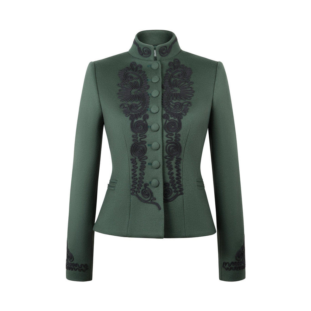 Front view of the Blaire Vert in Green jacket showcasing black silk embroidery and covered buttons against a white background