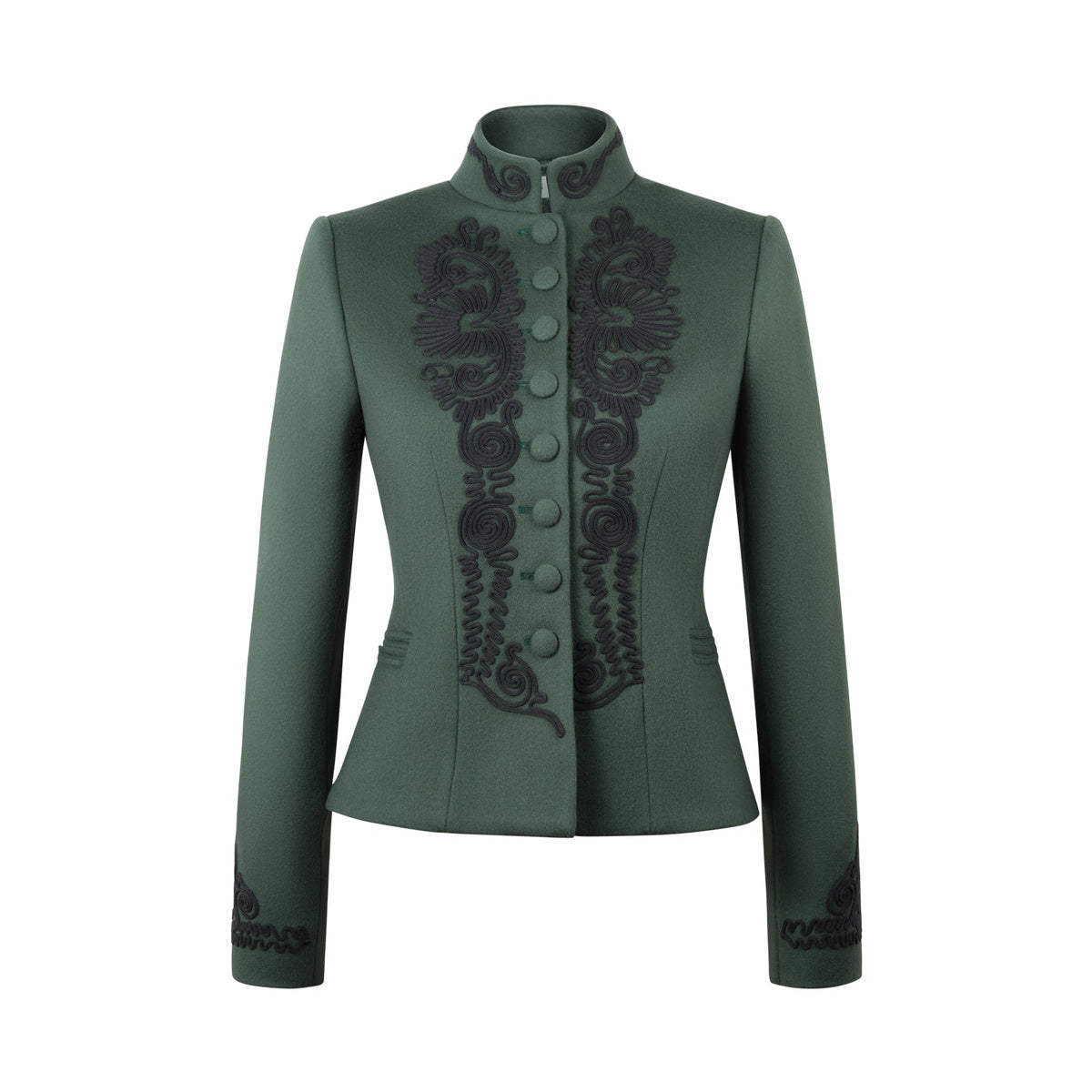 Front view of the Blaire Vert in Green jacket showcasing black silk embroidery and covered buttons against a white background