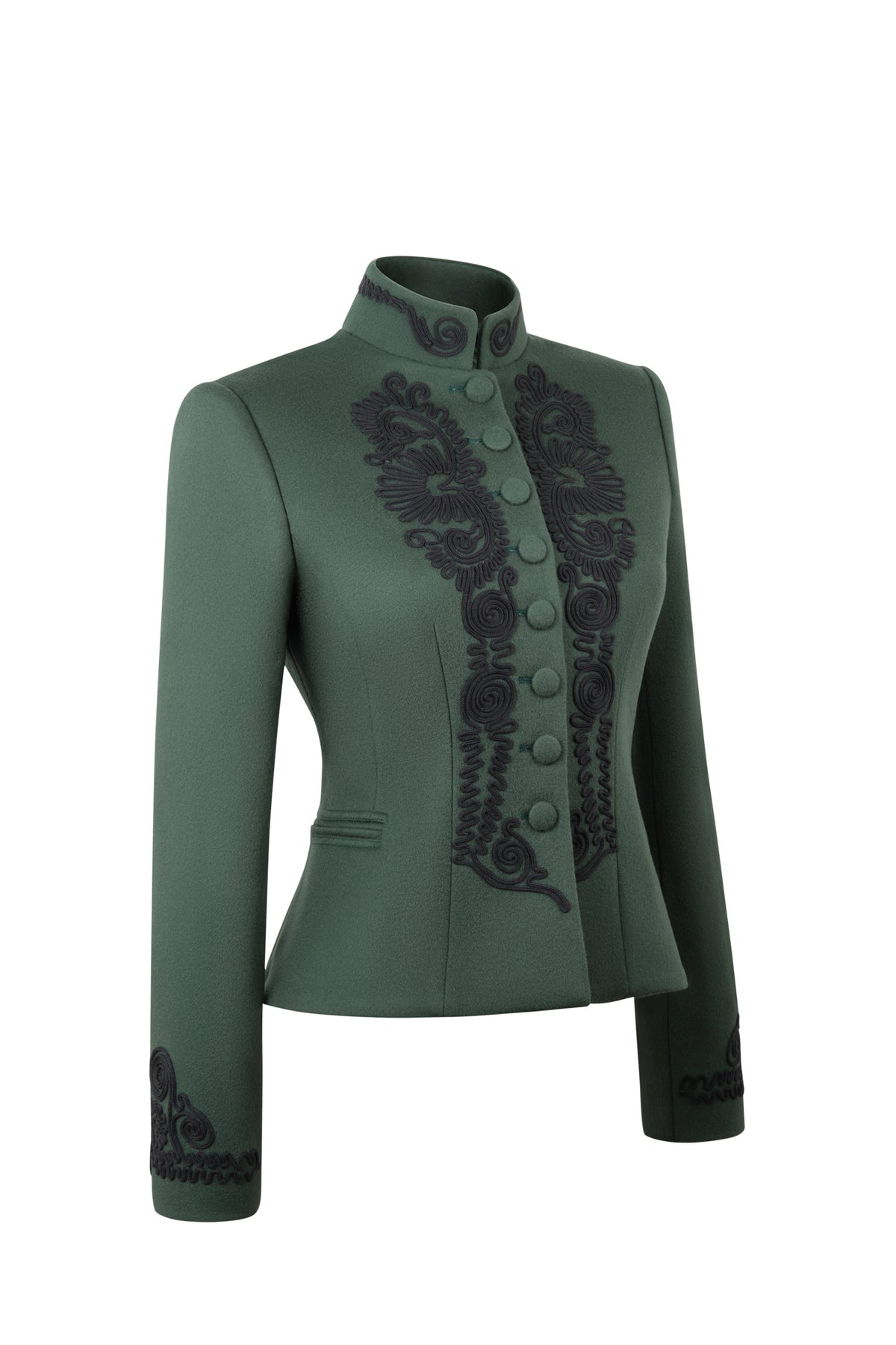 Three-quarter view of Blaire Vert in Green showcasing black silk embroidery and tailored fit on a white background