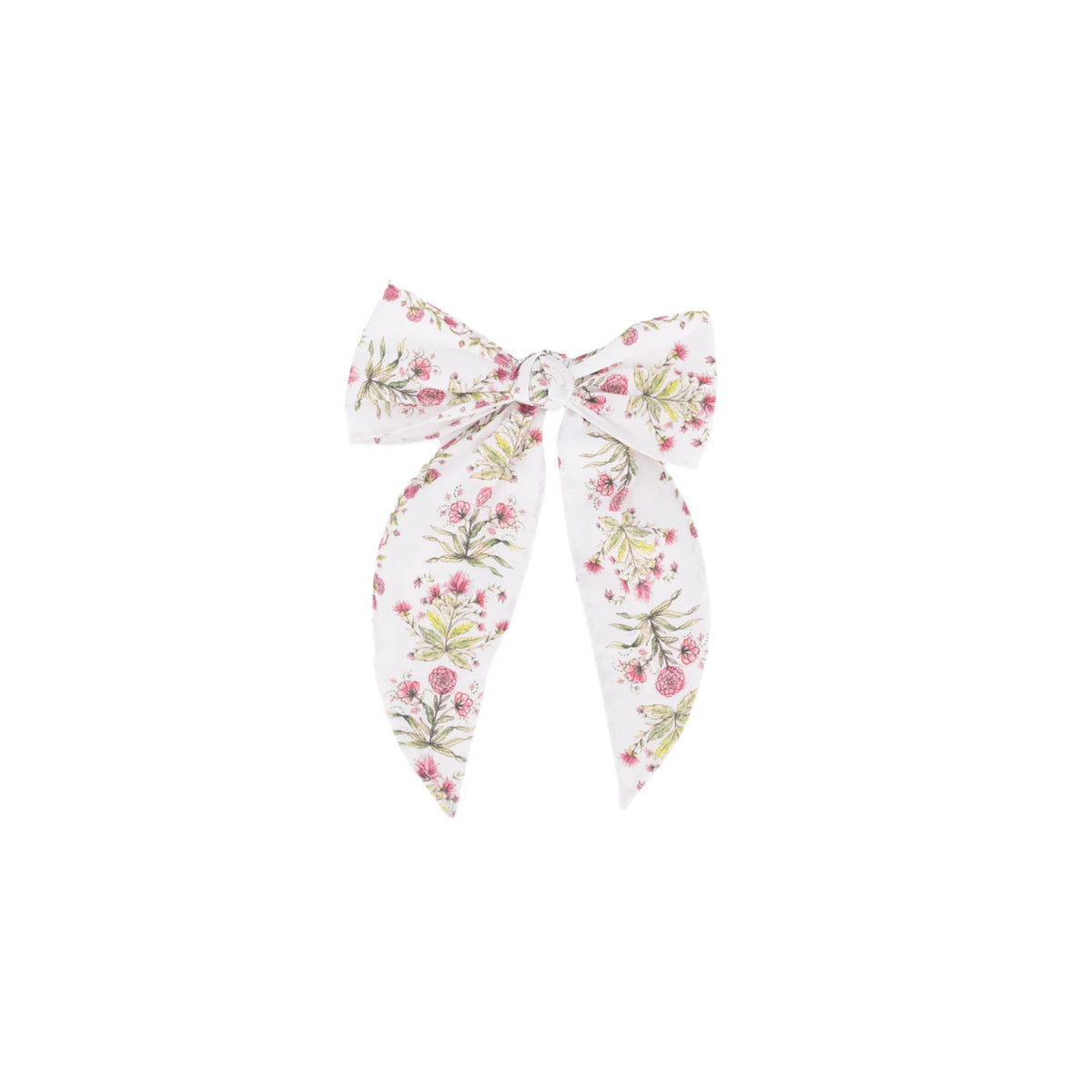 Front view of Blossom Bow showcasing a pink floral pattern with a white background