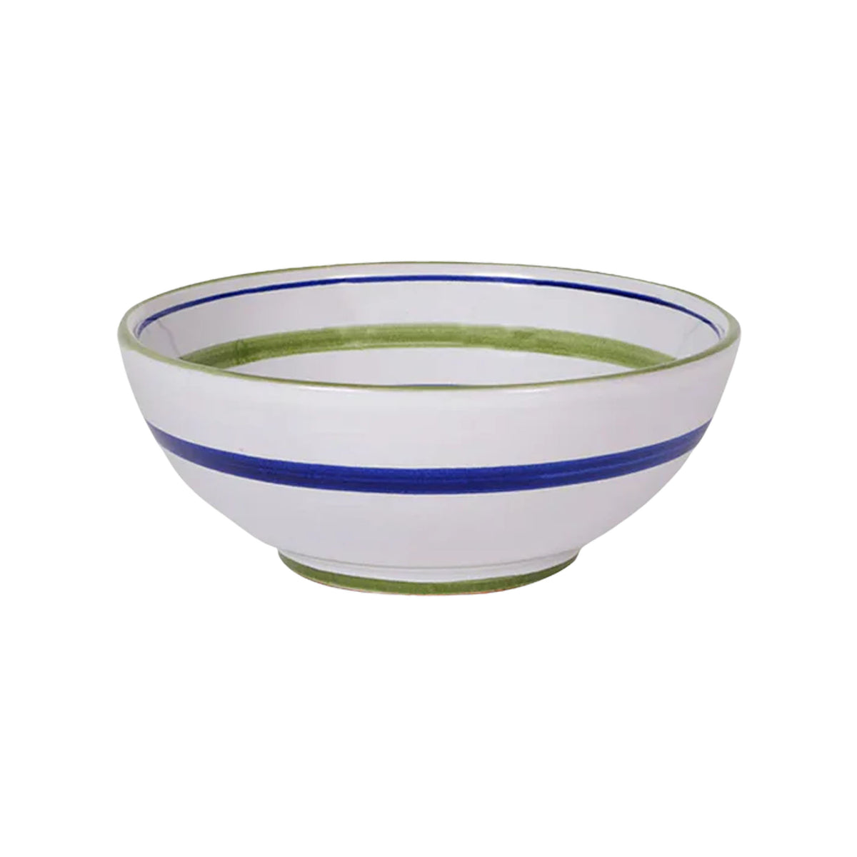 Angled front view of Blossom Bowl in Blue showcasing blue and green painted bands with a white background