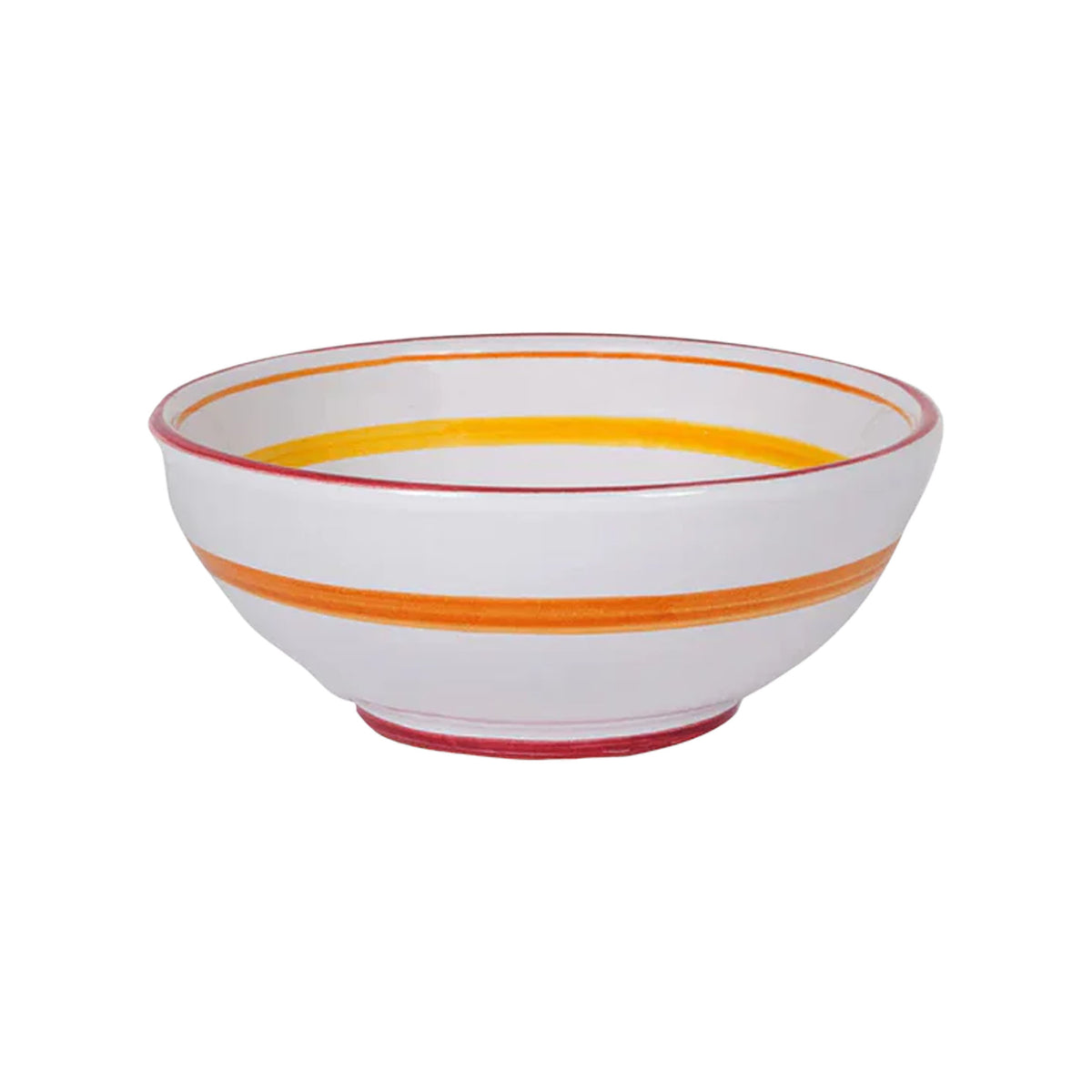 Front view of Blossom Bowl in Burgundy showcasing hand-painted burgundy and orange bands with a white background