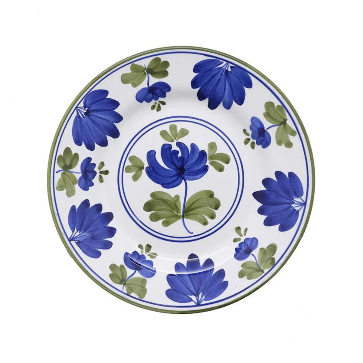 Front view of Blossom Dessert Plate Blue showcasing blue and green floral motifs with a white background