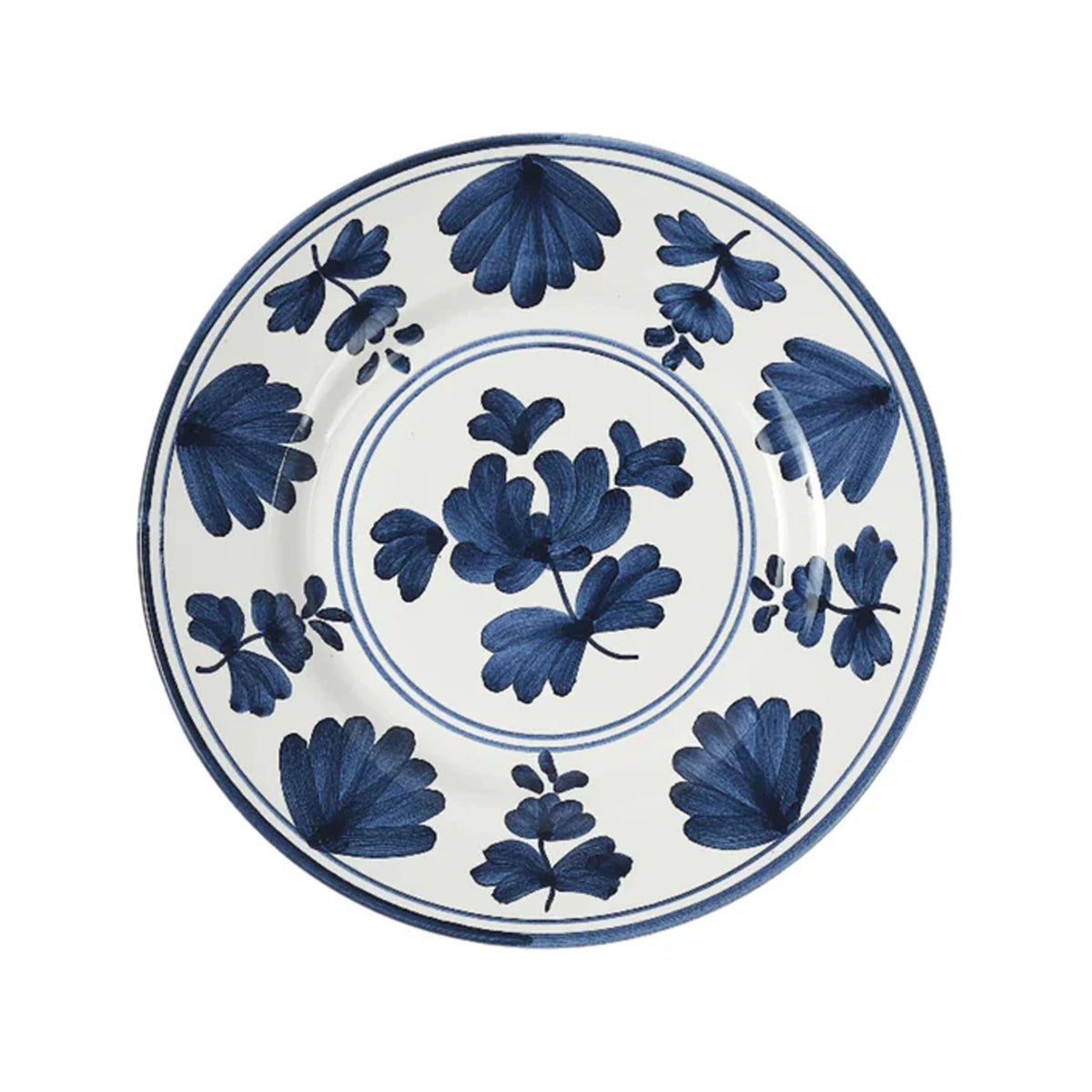Front view of Blossom Dessert Plate, Midnight Blue showcasing hand-painted deep blue floral motifs with a white background