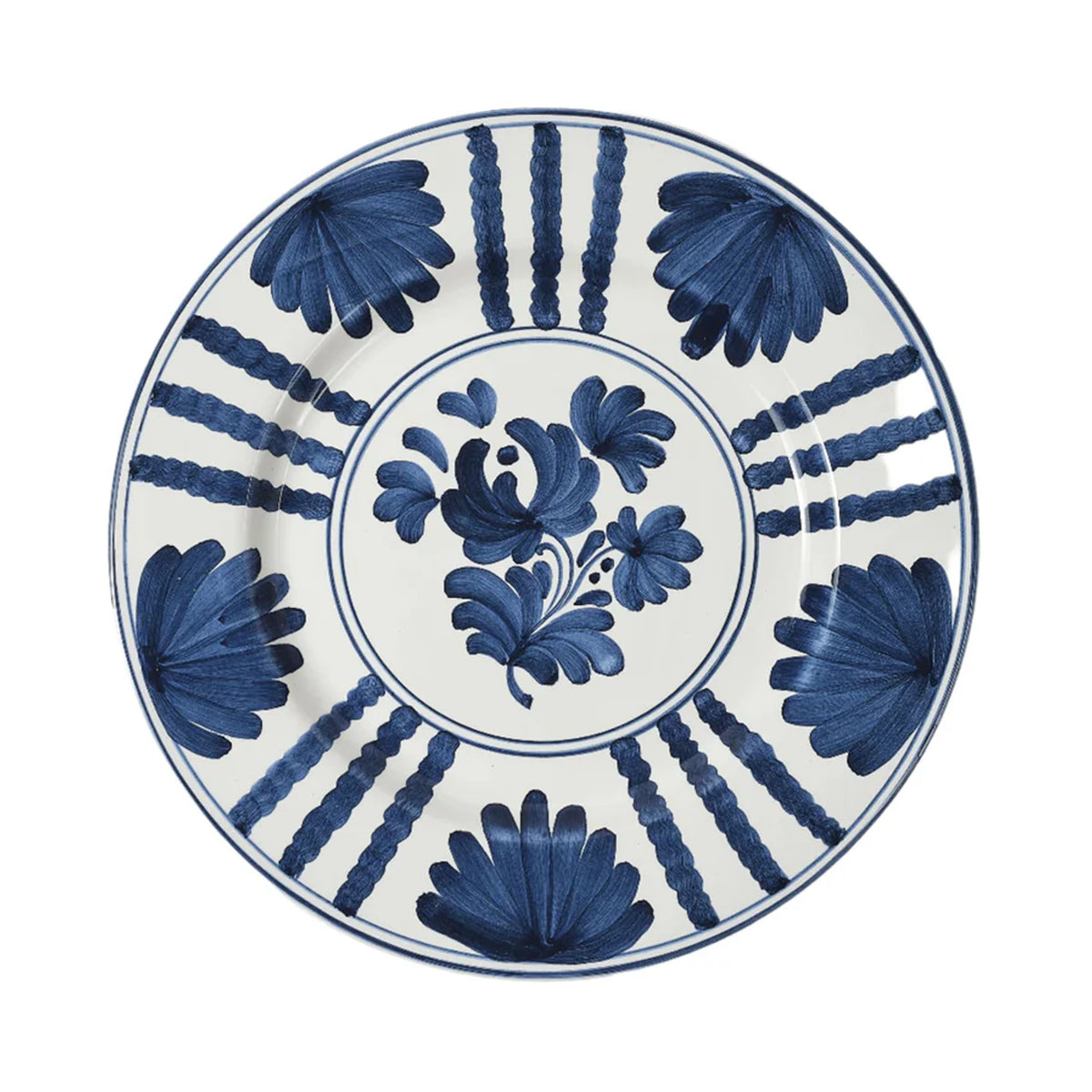 Close-up view of Blossom Dinner Plate, Midnight Blue showcasing hand-painted blue floral design with white background