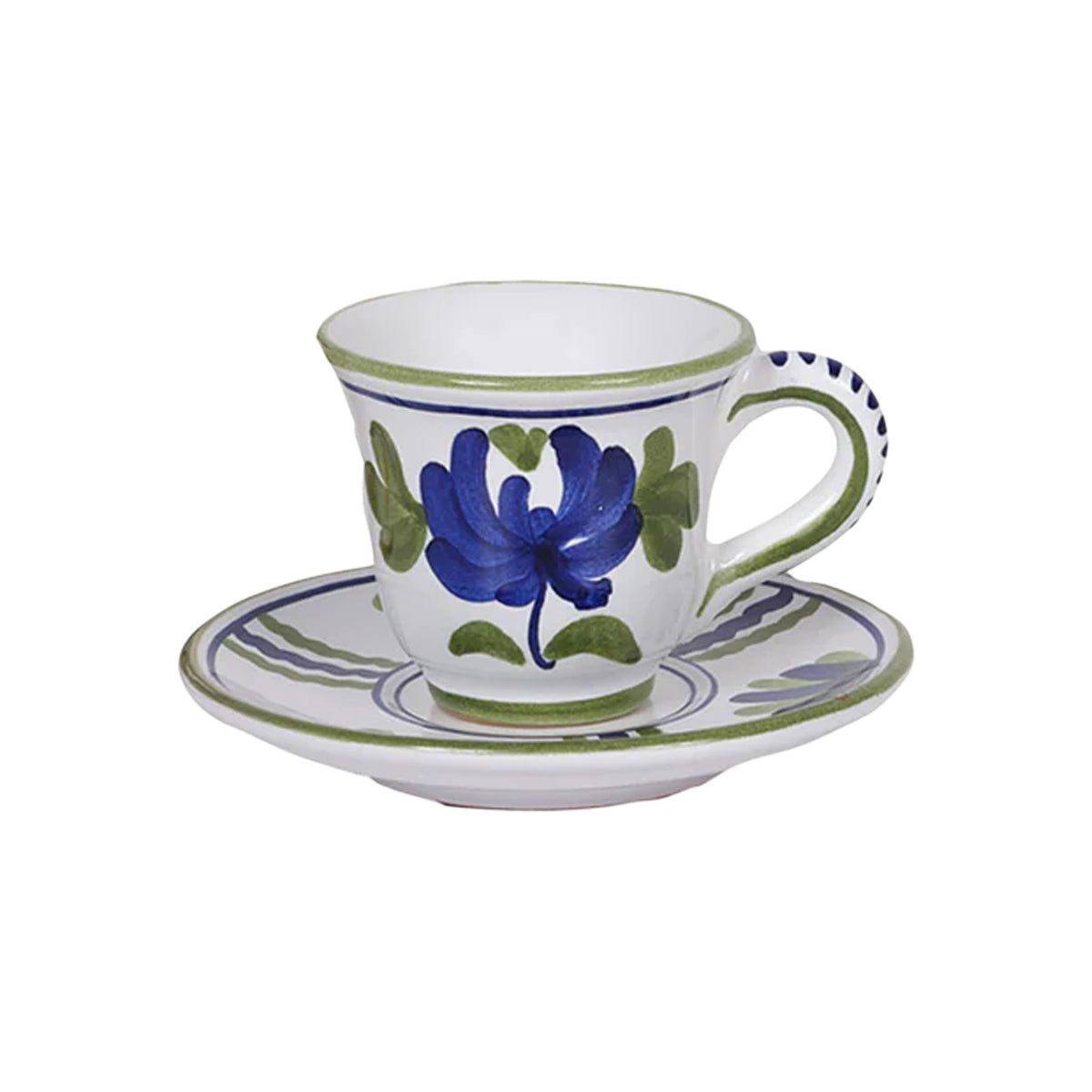 Front view of Blossom Espresso Cup and Sauce in Blue showcasing hand-painted floral motifs with a white background