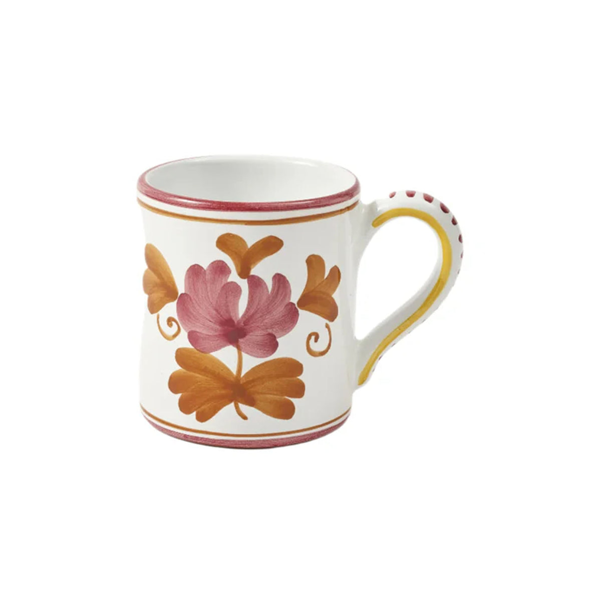 Front view of Blossom Mug, Yellow showcasing burgundy and yellow floral pattern with a white background