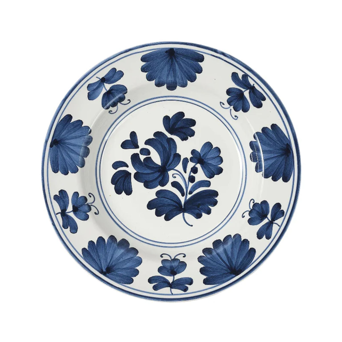 Front view of Blossom Soup Plate, Midnight Blue showcasing hand-painted blue floral motifs on a white background