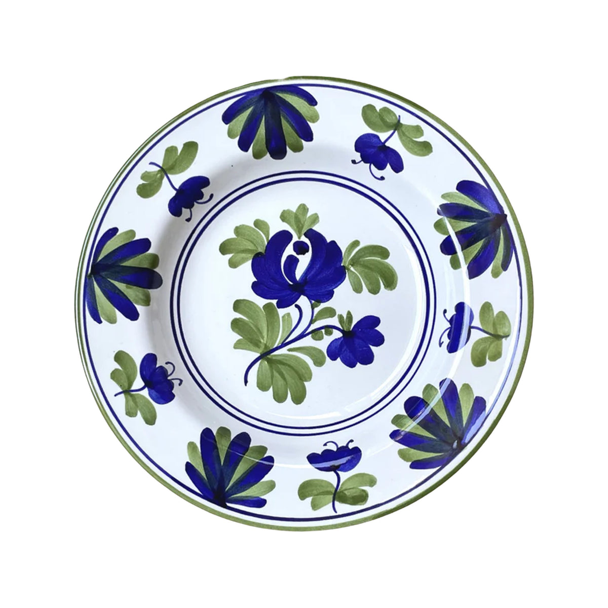 Top view of Blossom Soup Plate in Blue showcasing hand-painted blue and green floral motifs on white ceramic with a white background