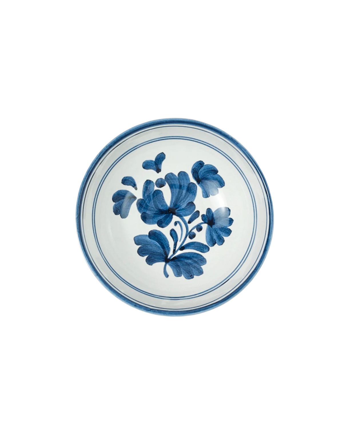 Top view of Blossom Bowl in Midnight Blue showcasing blue floral pattern and rim on a white background
