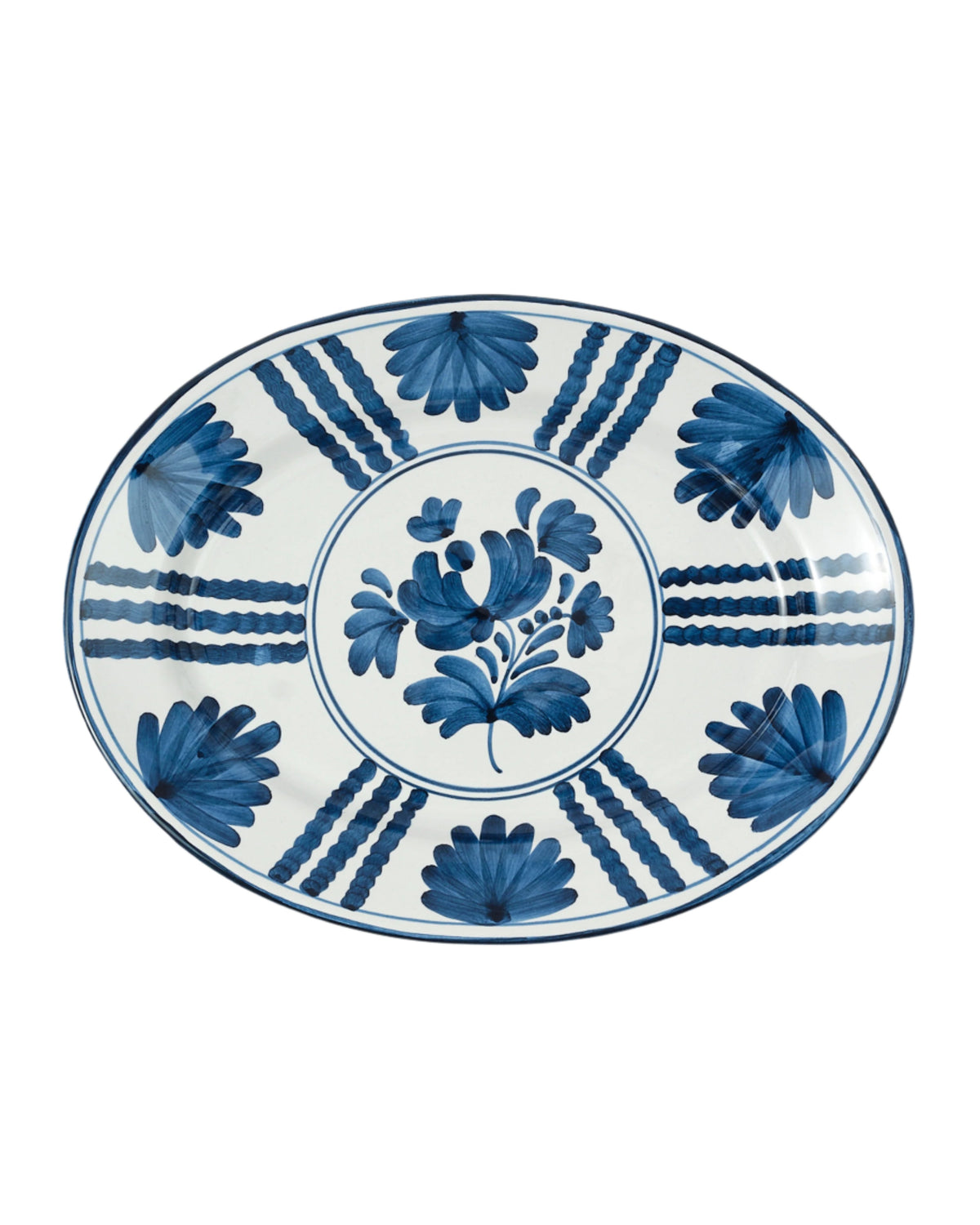 Top view of Blossom Oval Serving Plate Midnight Blue showcasing hand painted blue floral motifs against white background