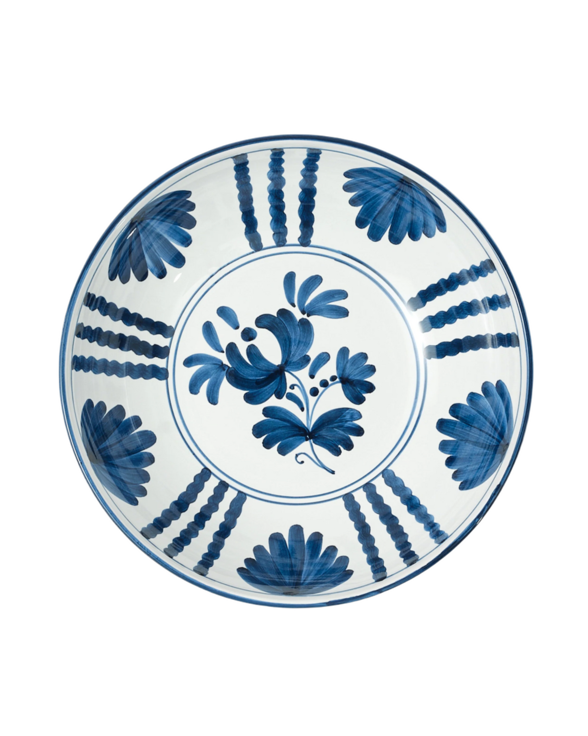 Top view of Blossom Salad Bowl Midnight Blue showcasing hand painted deep blue floral motifs on a white background