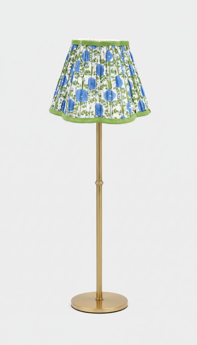 Floor lamp with araminta blue blockprint scalloped pleated shade