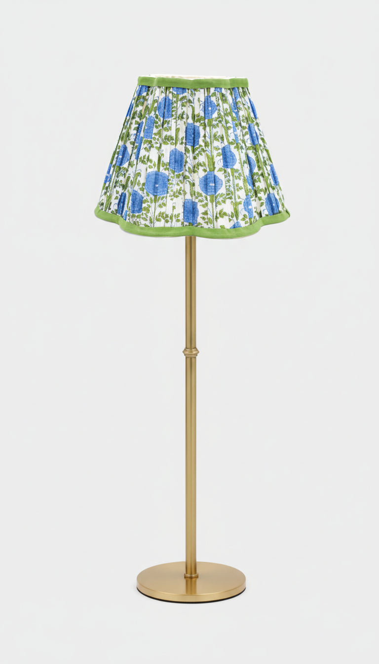 Floor lamp with araminta blue blockprint scalloped pleated shade