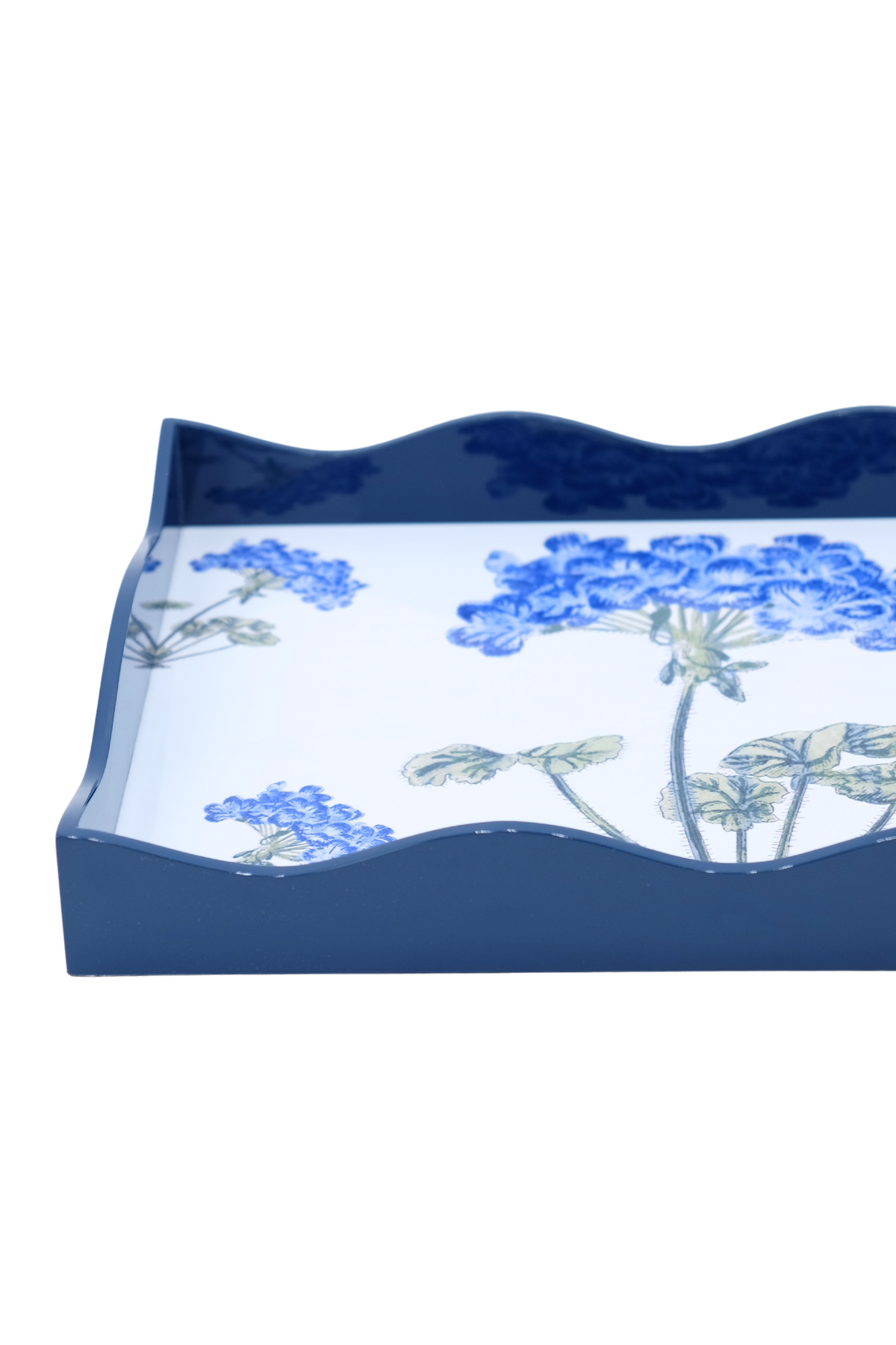 Front close-up of Blue Hydrangea scalloped lacquer tray showcasing scalloped edges and blue floral interior on white