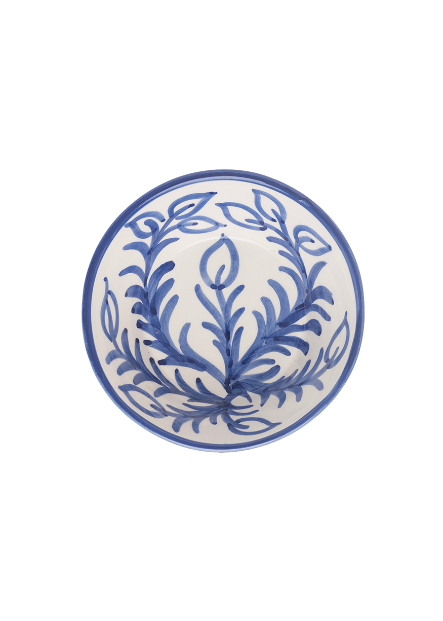 Top view of Blue Vina bowl showcasing hand-painted blue floral Vina pattern on white background