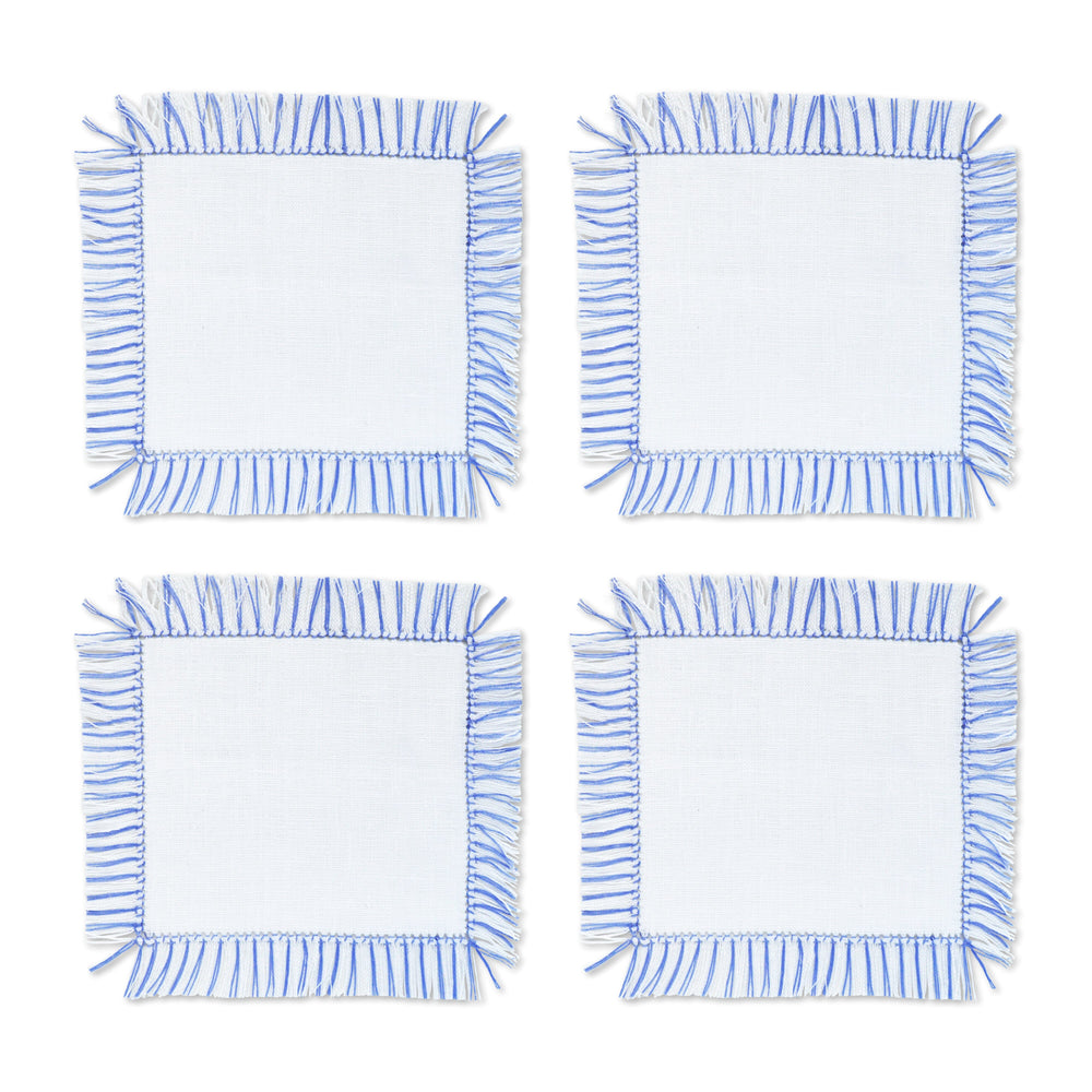 Front view of Blue & White Fringe Cocktail Napkins, Set of 4 showcasing blue fringe and white cotton fabric