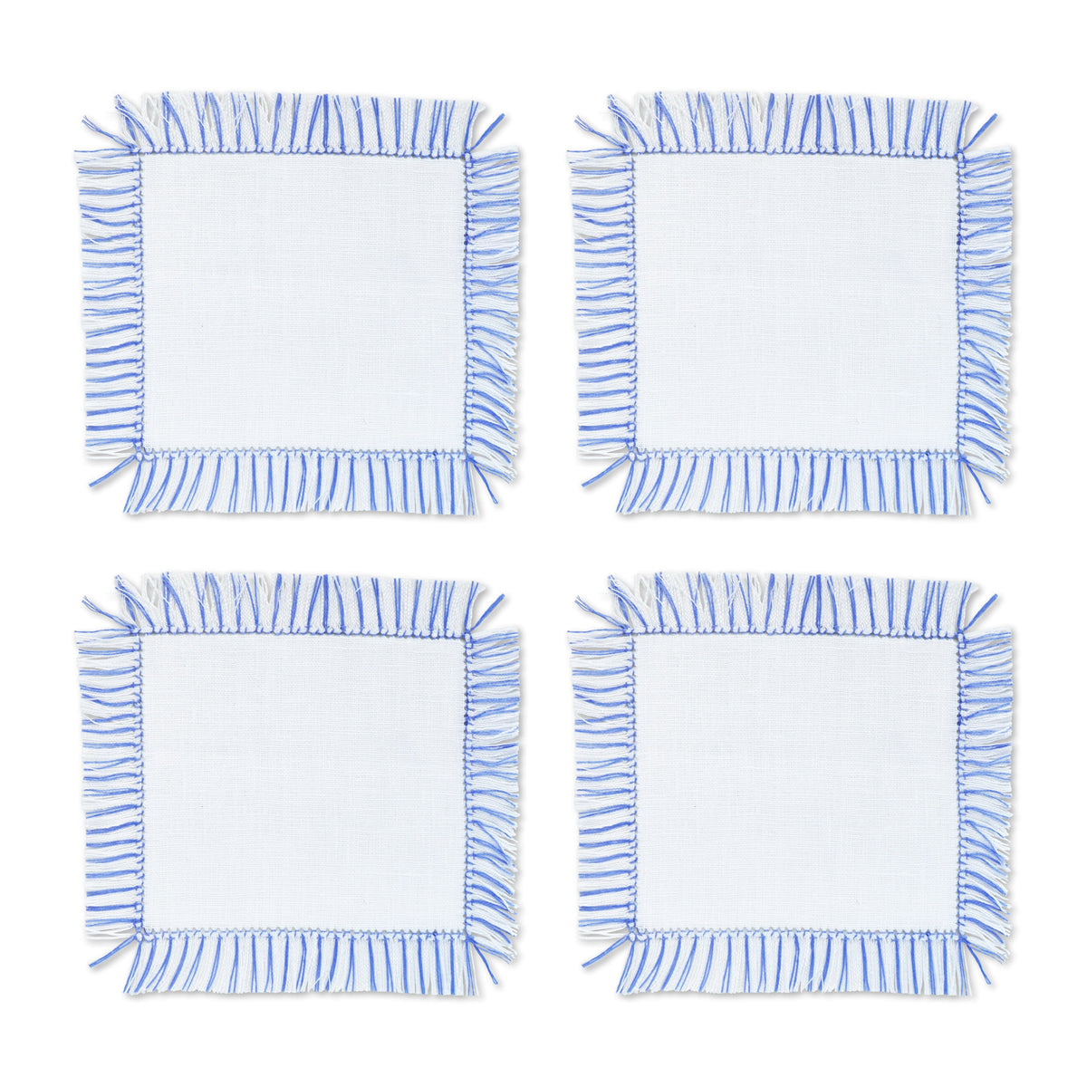Front view of Blue & White Fringe Cocktail Napkins, Set of 4 showcasing blue fringe and white cotton fabric