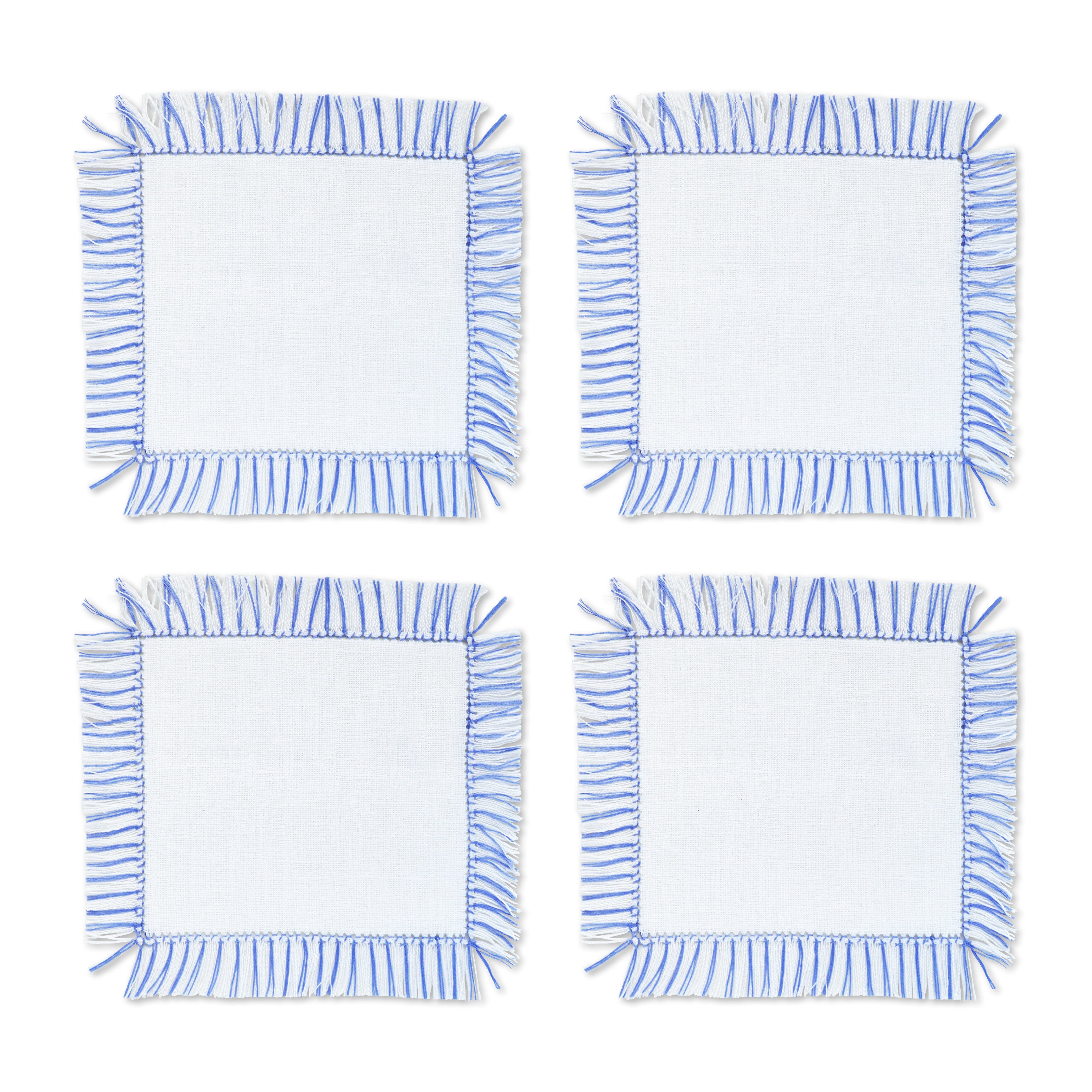 Blue & White Fringe Cocktail Napkins (4) Shells Chefanie 