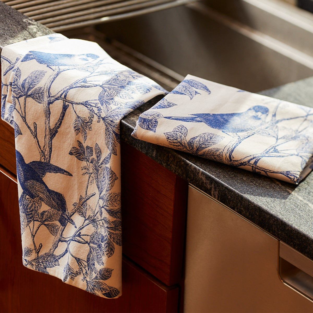 Arbor Birds Blue Kitchen Towels, Set of 2