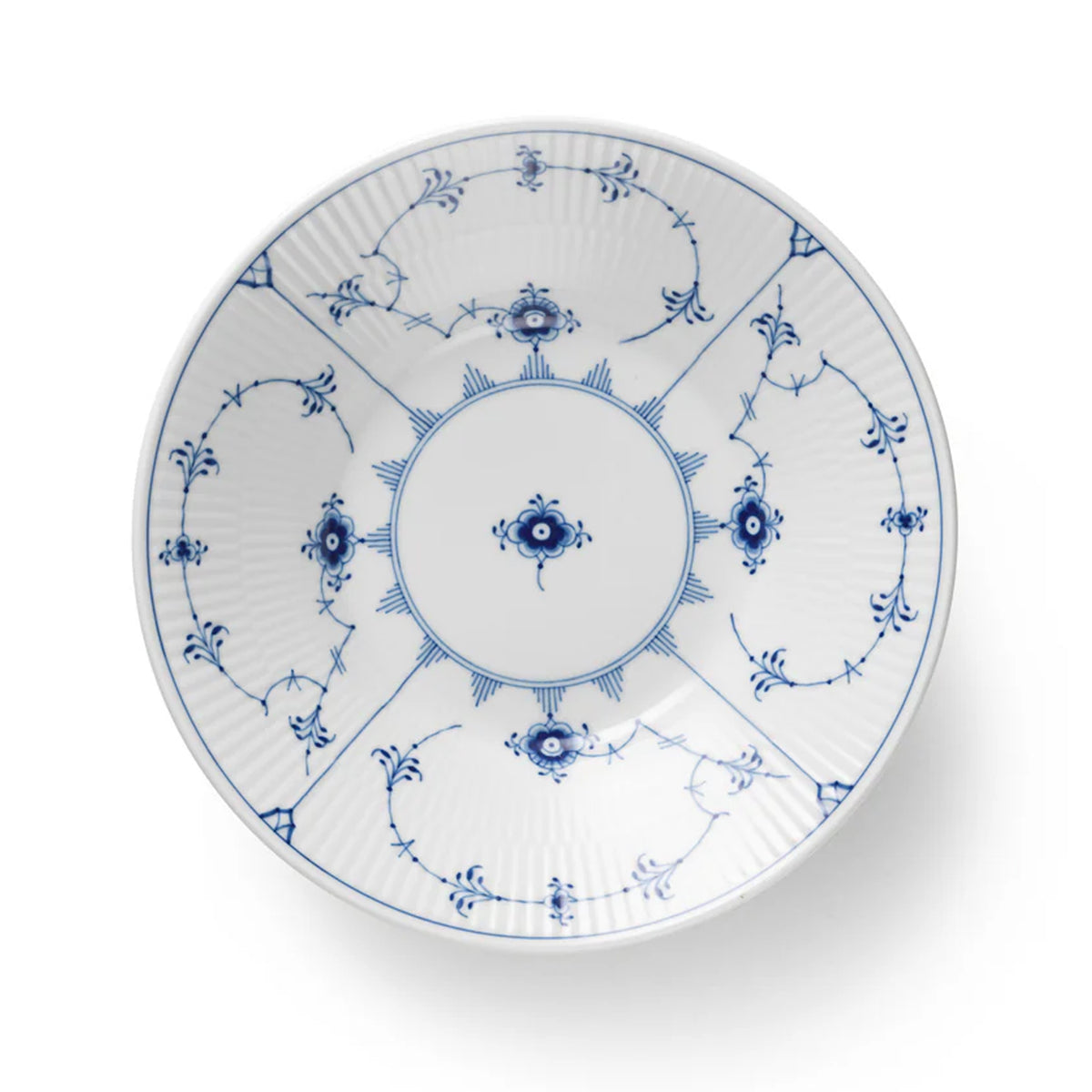 Top view of Blue Fluted Plain Plate Deep showcasing blue floral porcelain pattern on a white background