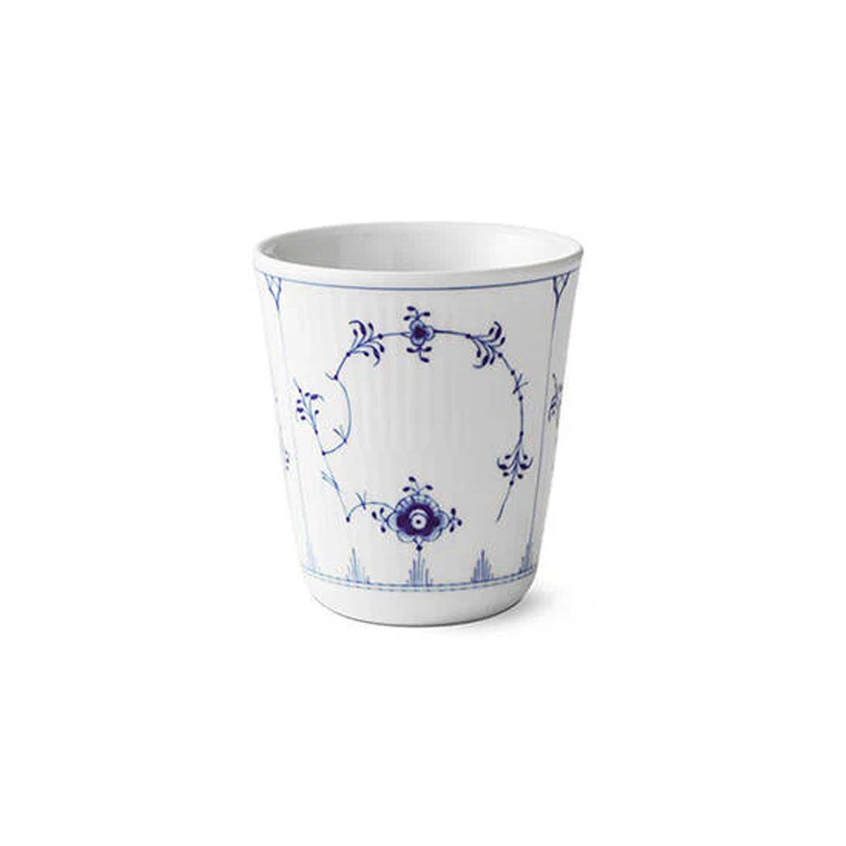 Front view of Blue Fluted Plain Thermal Cup showcasing blue floral porcelain pattern with white background
