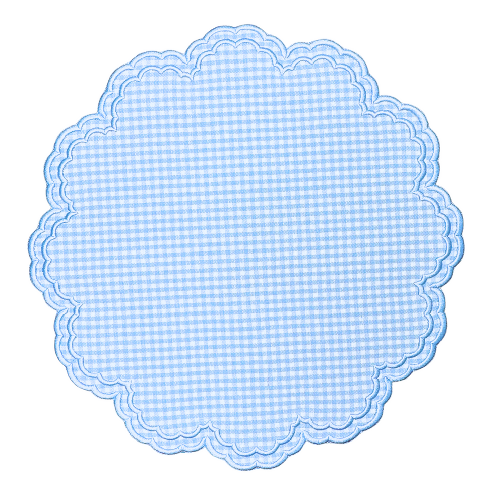 Top view of Bettina-Gingham Placemat in Blue, Set of 4 with blue gingham and white embroidered scalloped trim