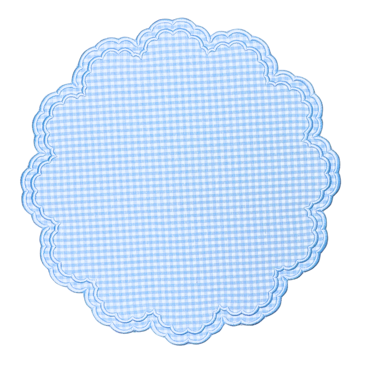 Top view of Bettina-Gingham Placemat in Blue, Set of 4 with blue gingham and white embroidered scalloped trim