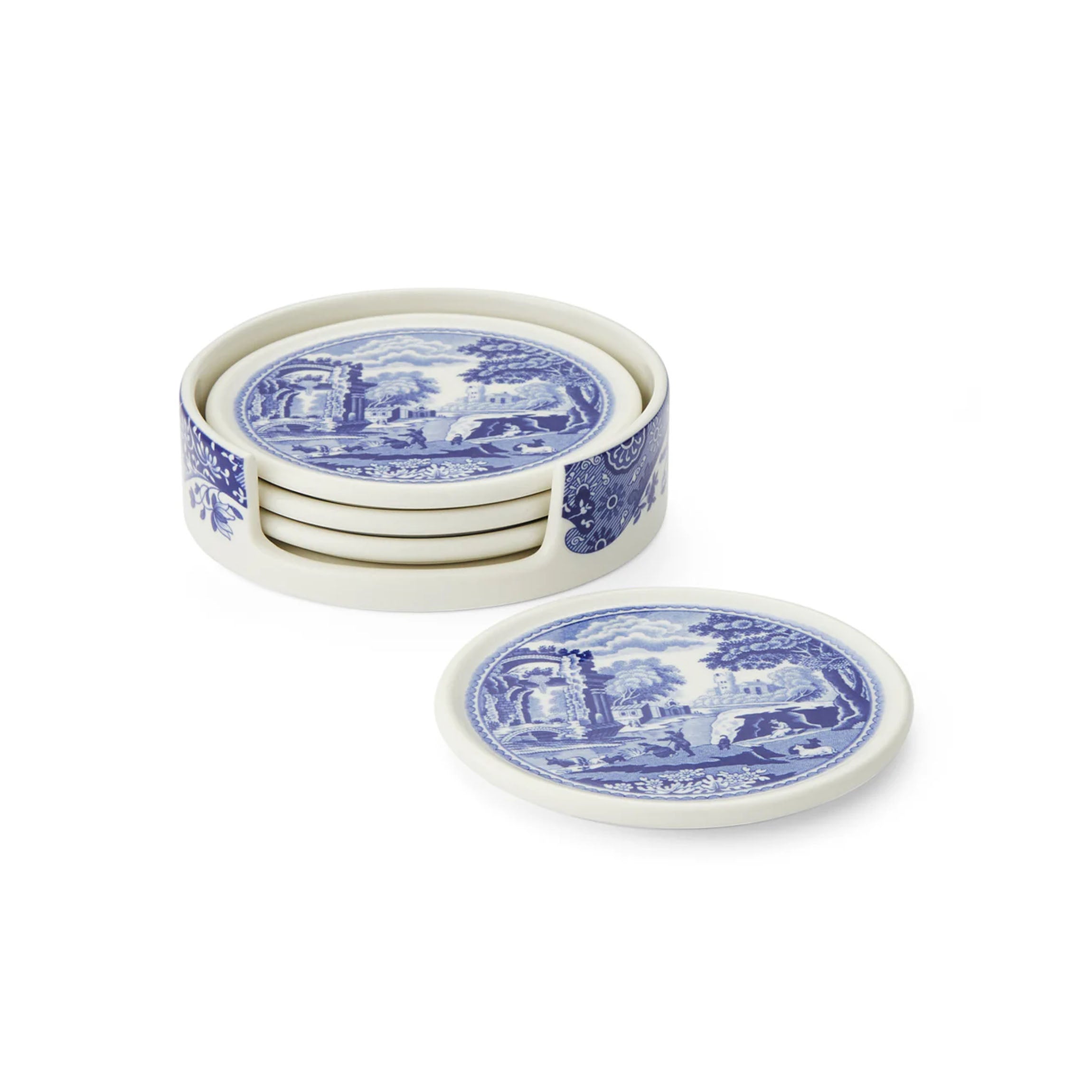 Blue Italian 4-Piece Ceramic Coaster Set with Holder