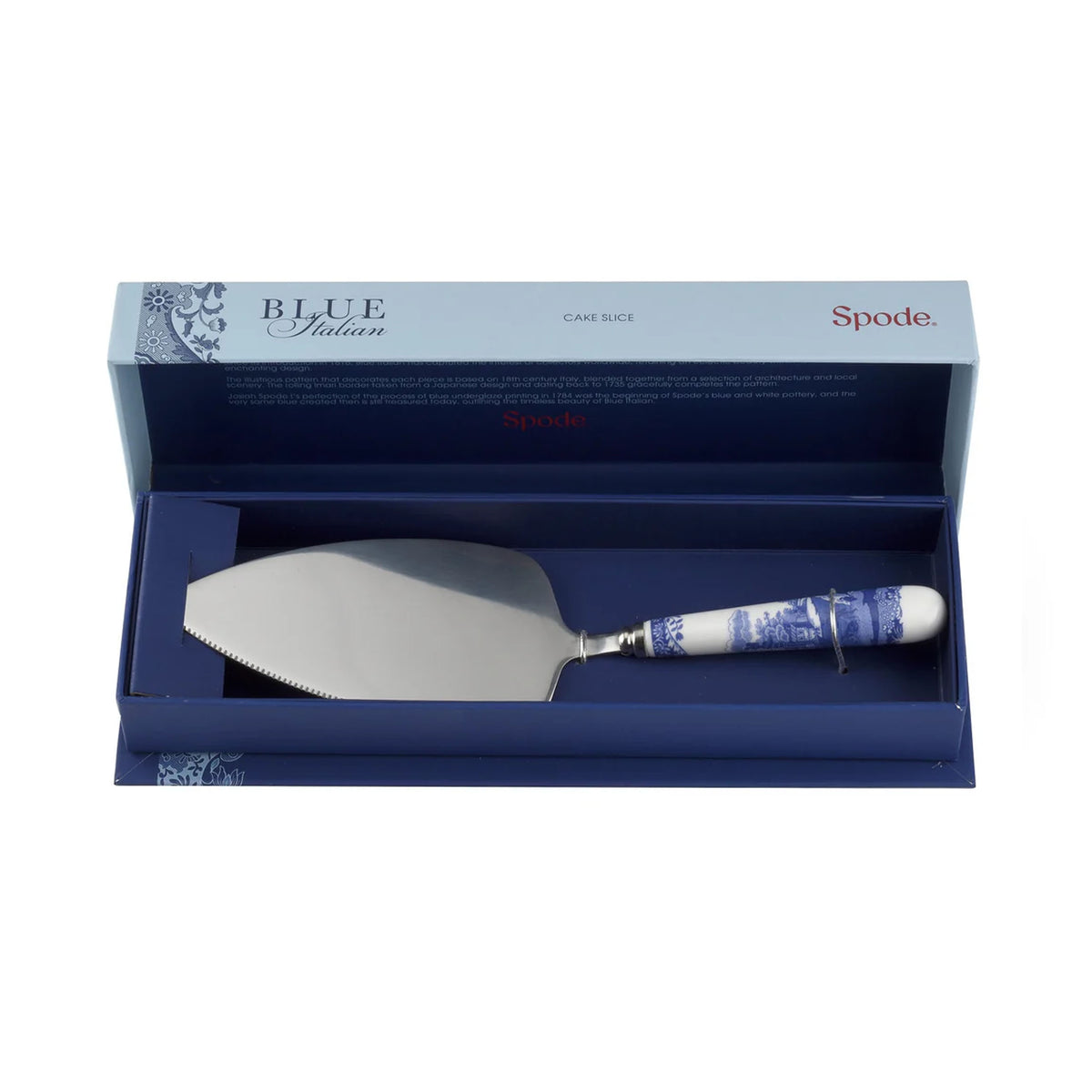 Front view of Blue Italian Cake Knife and Server Set showcasing blue and white ceramic handles in a presentation box