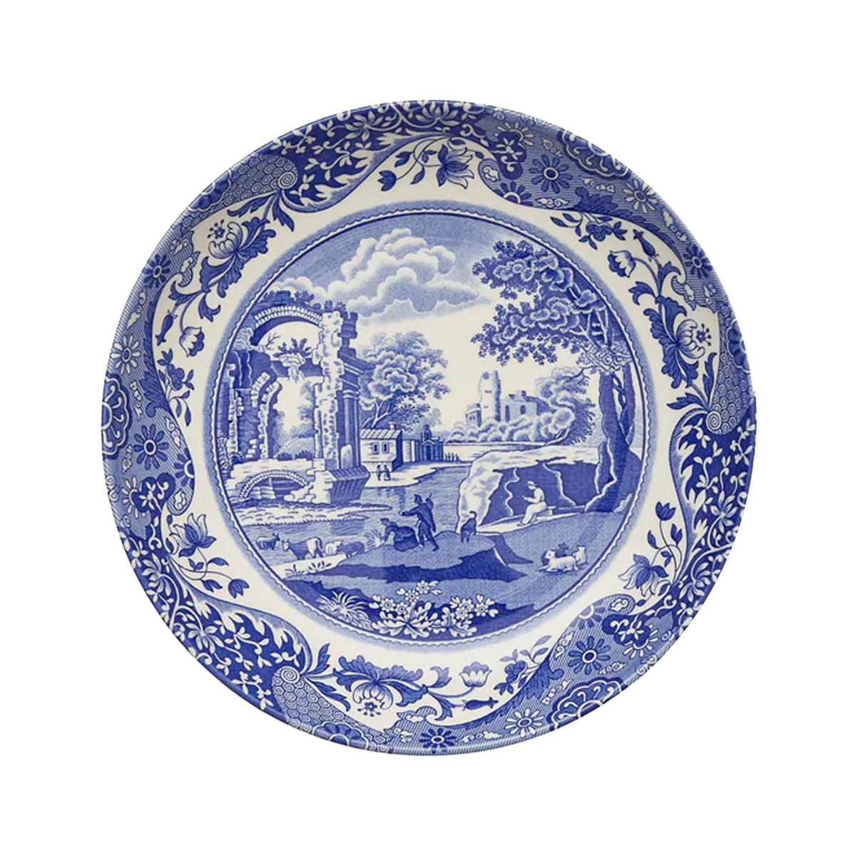 Top-down view of Blue Italian pasta bowl showing classic blue transferware countryside pattern on white porcelain