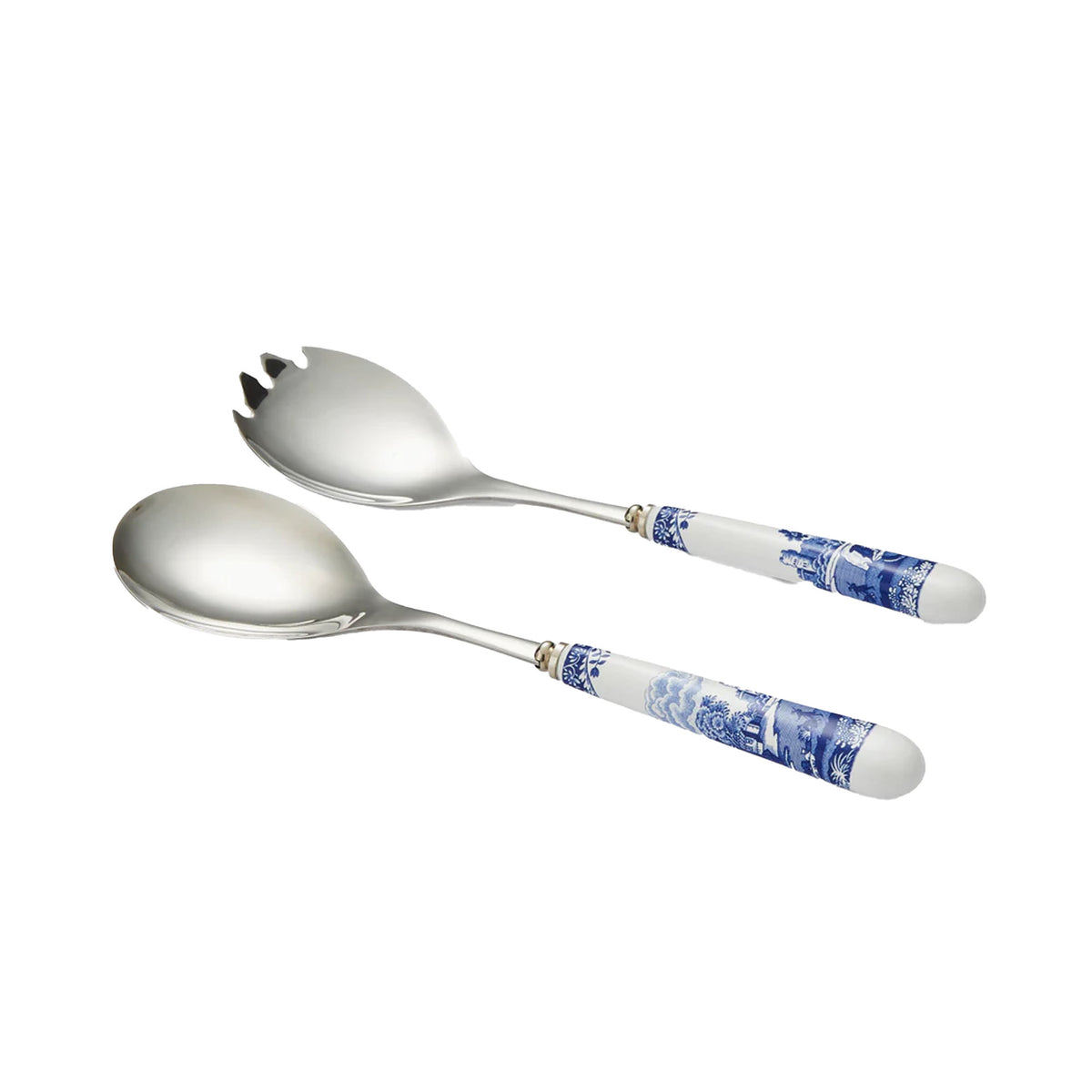 Front view of Blue Italian Salad Servers, Set of 2 showcasing stainless steel heads and blue and white ceramic handles on white