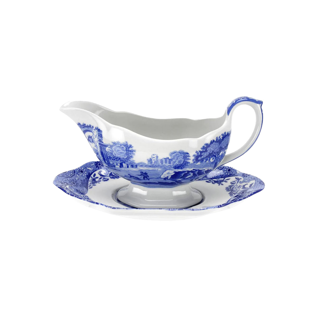 Front view of Blue Italian Sauceboat with Stand showcasing blue and white Italian pattern with a plain white background