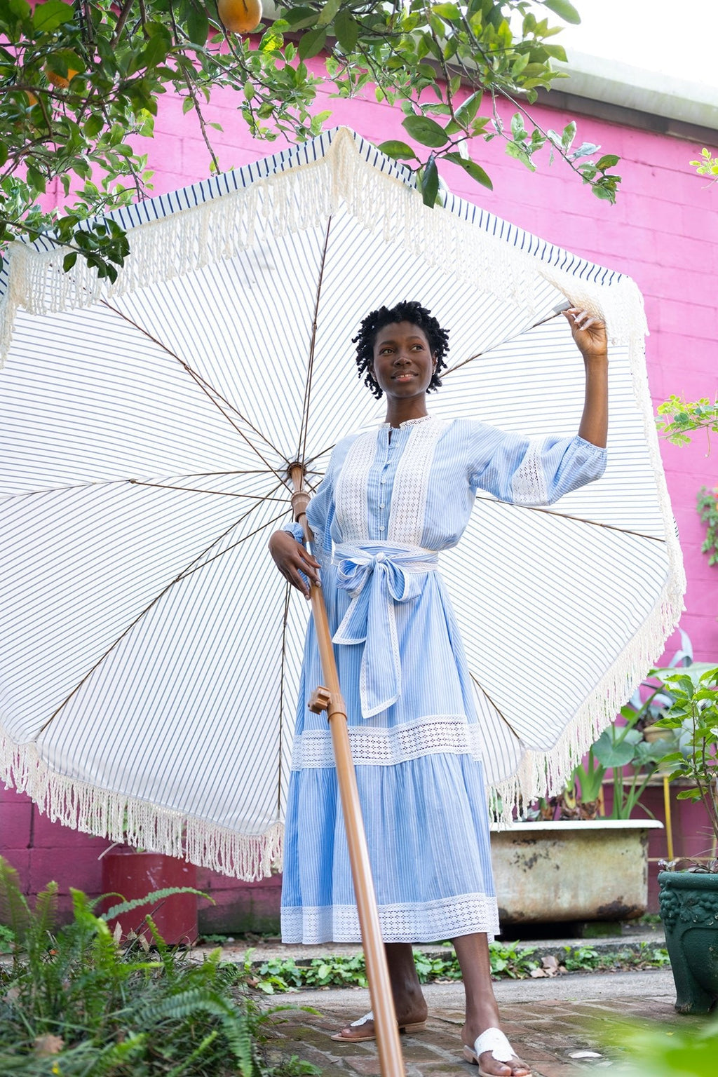 Flounce Dress in Blue & White Pinstripe Trellis Lace