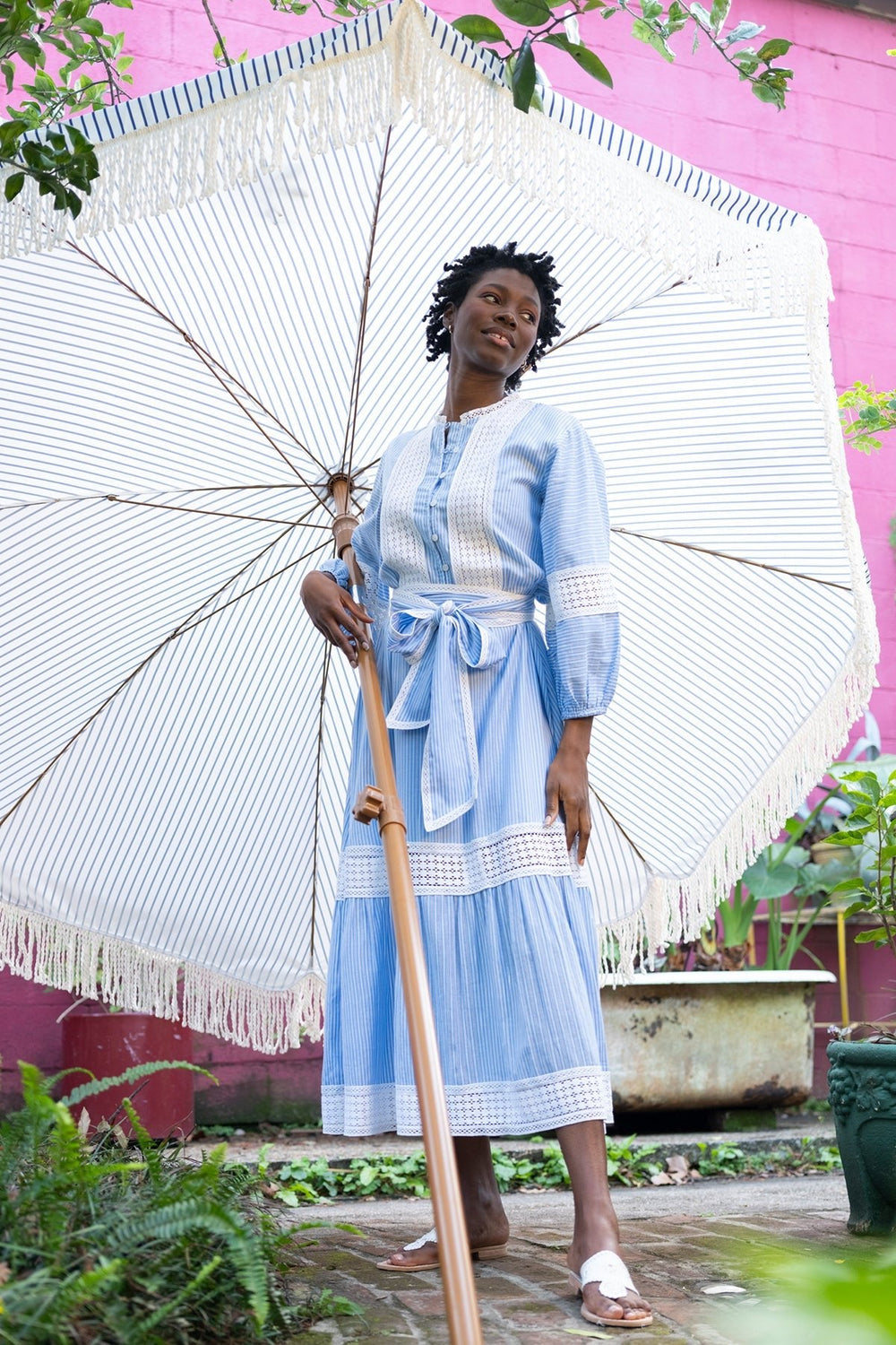 Flounce Dress in Blue & White Pinstripe Trellis Lace