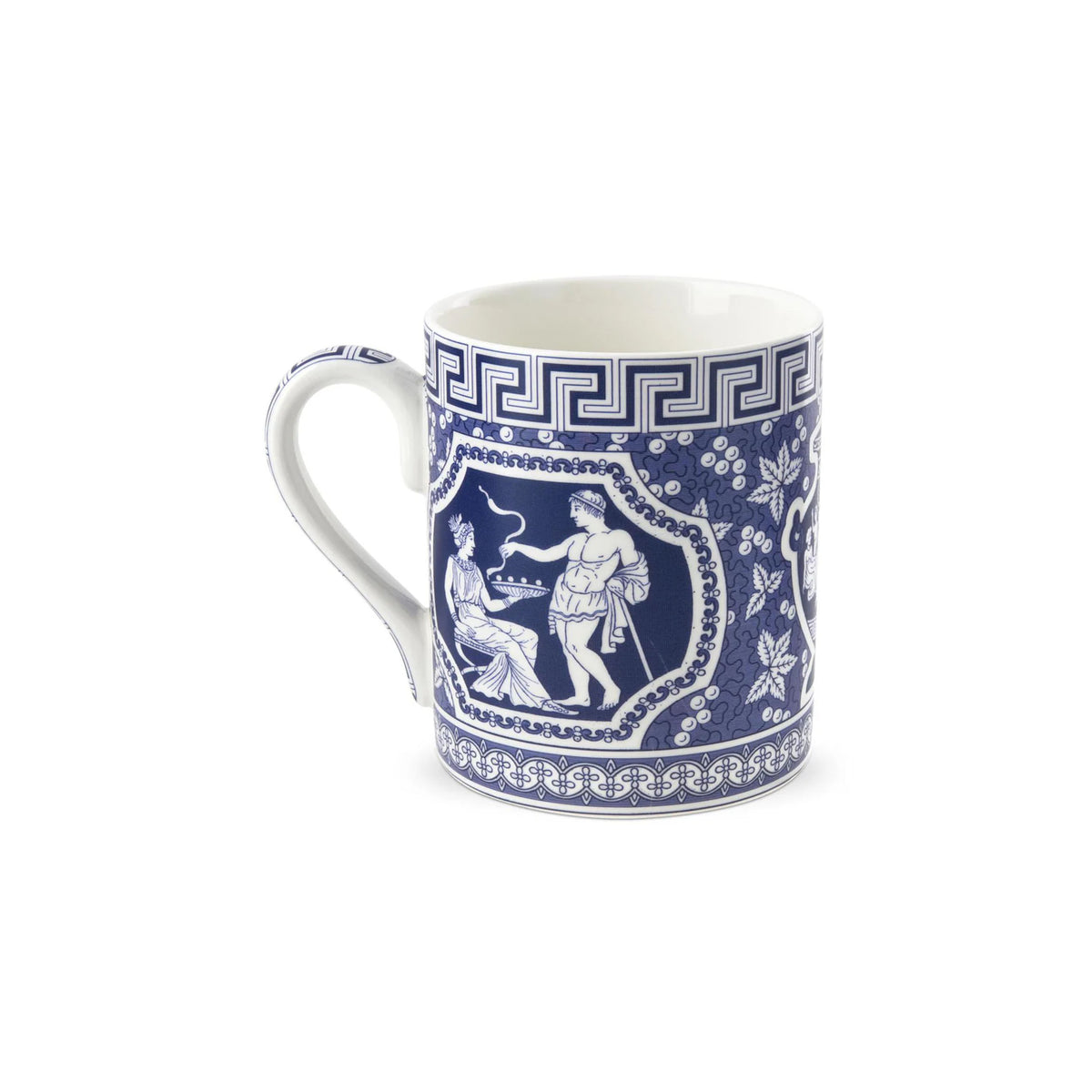 Angled view of Blue Room Greek mug with blue-and-white neoclassical motif on white background