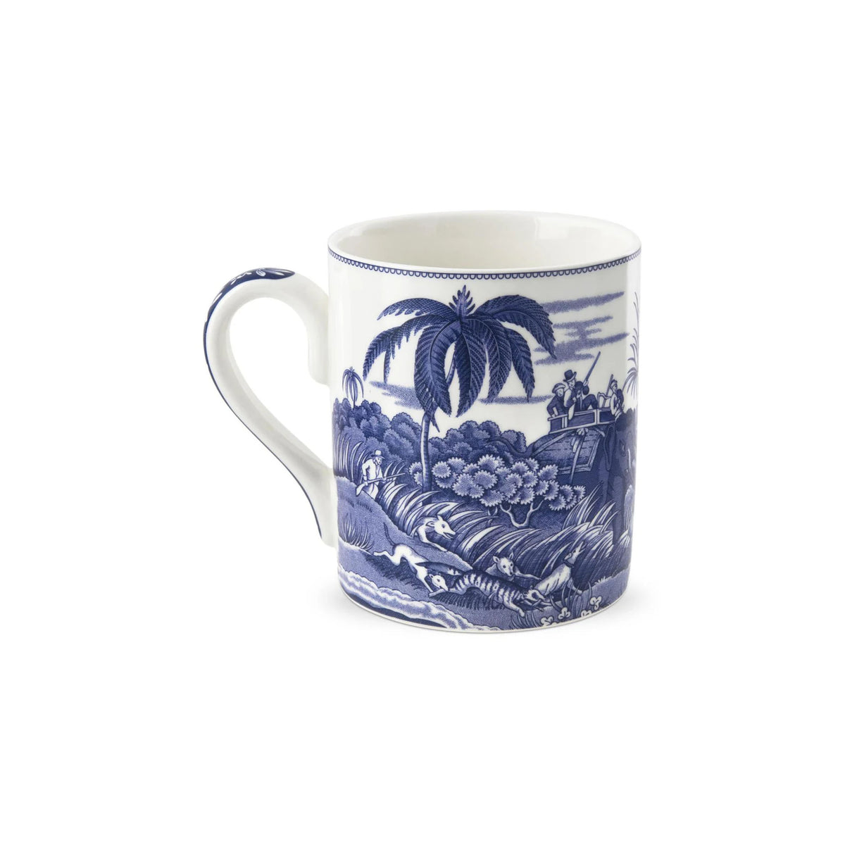 Front view of Blue Room Indian Sporting Mug showcasing blue-and-white archival Indian Sporting hunting scene with white background