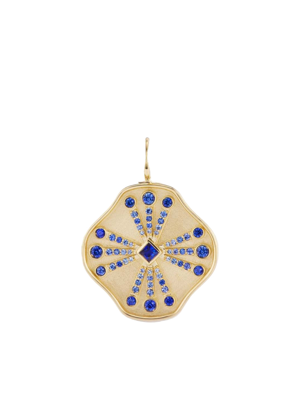 Front view of Guiding Light charm, 14K yellow gold, showing blue sapphires in a radiating sunburst pattern on white background