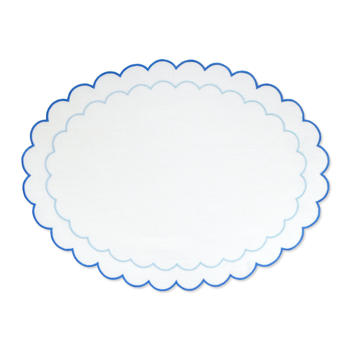 Front view of Blue Scalloped Placemat showcasing a two-tone blue embroidered scalloped border on a white background